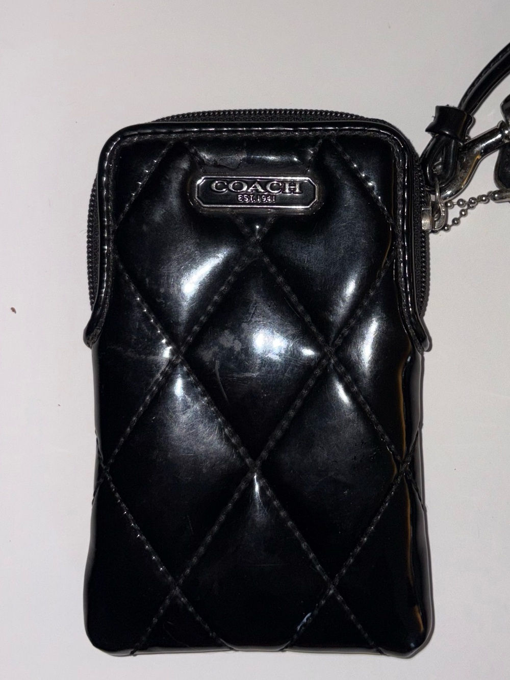 Coach Black Quilted Patent Leather Wristlet Phone Case with Strap